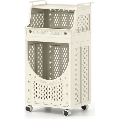 Carrello portabiancheria pieghevole a 3 ripiani 40 x 30 x 78 cm con 6 ganci pratico contenitore PP beige 200018227