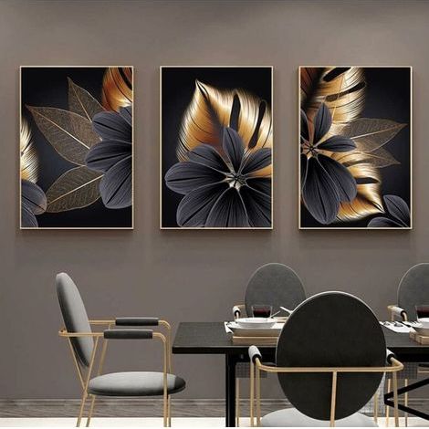 Lote de 3 cuadros en lienzo - Motivo: Hojas de plantas - Impresión moderna - Decoración de pared - Oro negro (30x40 cm) (1/5)