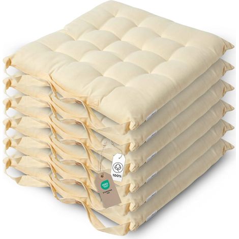 Galette de Chaise 40x40 cm, Lot de 6, Coussin de Chaise en Coton, Coloris Crème (1/5)