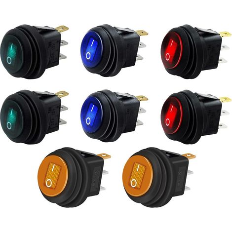8 Pièces Interrupteur à Bascule Étanche Rond 12V 20A ON/OFF 3 Broches Commutateur à Bascule avec 4 Couleurs Indicateur LED pour Voiture Camion Bateau (1/5)