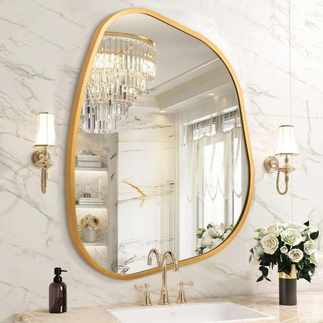 Miroir Mural irrégulier Or pour Salle de Bain, Cadre en Alliage d'aluminium, Miroir décoratif asymétrique en métal brossé pour Salon, Chambre à Coucher, Maison, Grande Taille 40 x 50 cm (1/5)