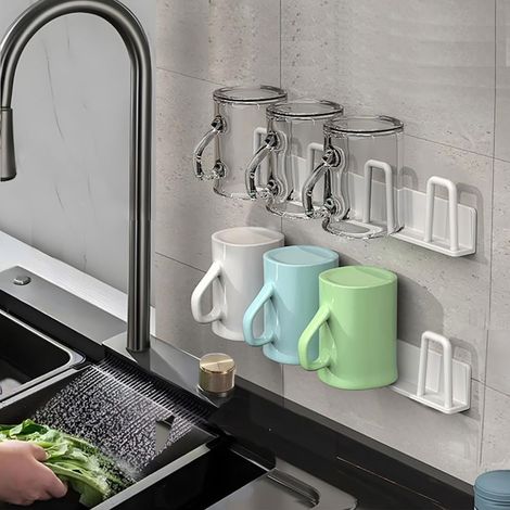 pièces - Porte-tasses - Sans perçage - Fixation murale - 4 porte-tasses - Porte-tasses à café - Blanc - Cuisine/Bureau (1/2)