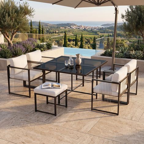 Salon de jardin d'extérieur 7 pièces (table et chaises), pour 6 personnes, table en verre trempé, idéal pour le jardin ou sur la terrasse. Noir+Blanc