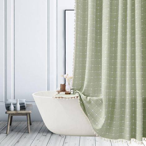 Rideau de Douche Long en Tissu de Lin à Rayures de Style bohème avec Pompons pour Salle de Bain Vert Sauge 183 x 198 cm (1/5)