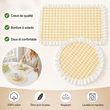 Lot de 2 Sets de Table Carreaux Jaunes Coton Rond 38 cm et Carre 30 x 45 cm Dentelle (1/4)