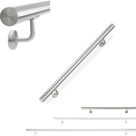Relaxdays Handrail, Stair Rail, Indoor & Outdoor, Round, Ø 42 mm, Stainless Steel, with Bracket, 100 cm, Silver (1/5)