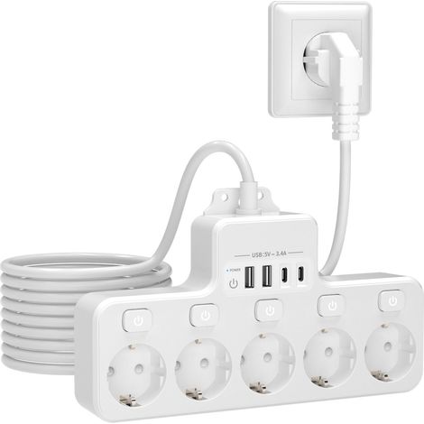 Multiprise 9 en 1 avec USB, 5 prises avec 2 ports USB A et 2 USB C, interrupteur individuel pour cuisine, salon, bureau, chambre à coucher, multiprise murale avec câble de 2 m, blanc (1/5)
