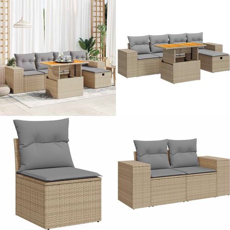vidaXL Salon de jardin 6 pcs avec coussins beige résine tressée acacia (1/5)