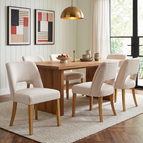 Lot de 6 chaises de salle à manger confortables et respirantes, idéales pour les salles à manger, les salons, les cafés, etc. Style moderne, revêtement en lin, pieds en bois massif, couleur beige. (1/5)