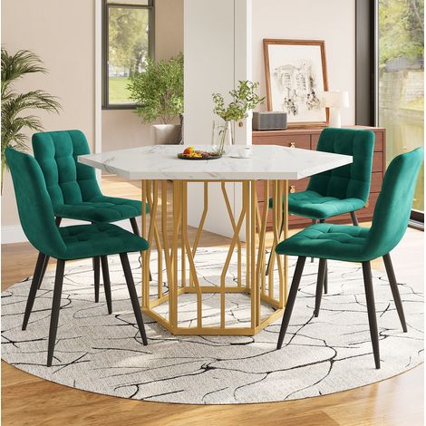 Conjunto de mesa y 4 sillas, mesa hexagonal 115,5 x 100 cm efecto mármol blanco, verde (1/5)