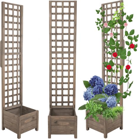 MODO24 Jardinière avec treillis pergola en pin, sur pieds, bac à fleurs 190x40x40 cm, jardin/balcon/terrasse, gris imprégné
