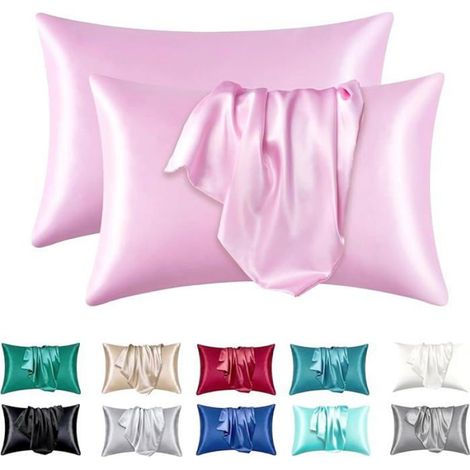 Lot de 2 taies oreiller en satin soyeux - 127 x 190 cm - Taille M - Doux et soyeux - Antistatique et anti-acariens Gr TAIE OREILLER (1/5)