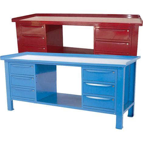Banco da lavoro SOGI 2 m con piano in acciaio portata 1000 kg + 2 armadi a 3 cassetti - blu/rosso, ColoreBlu
