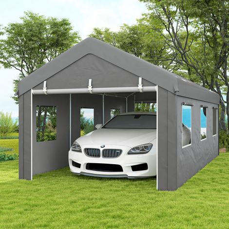 Tente garage carport 6L x 2.95l x 2.78H m acier galvanisé PE haute densité 160 g/m²  2 portes enroulables et 6 fenêtres
