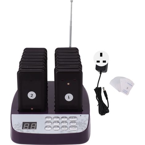 Lot 16 téléavertisseurs sans fil pour restaurant, portée 200m, vibration-son-flash, adaptateur 100-240V avec batterie, prise UK (1/5)