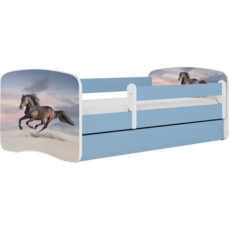 Lit enfant et junior 80 x 160 cm avec tiroir et barrière amovible, motif Cheval au galop, bleu (1/4)