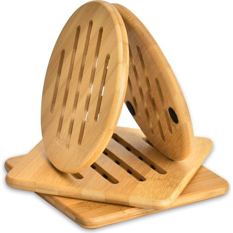 Lot de 4 Sets de Table en Bambou résistant à la Chaleur et aux températures Chaudes et lavables en Bambou pour Cuisine, Bols, casseroles et Assiettes, 2 Dessous de Plat Ronds et 2 carrés 15 cm (1/5)