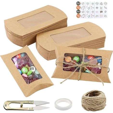 Kraft Paper Gift Boxes 50 Pack Small Gift Boxes with Viewing Window with Thank You Sticker, Jute Twine for Invitations, Parties, Sweets (1/5)