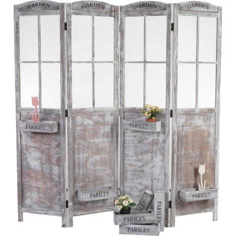 [NEUWERTIG] Paravent HHG-599, Raumteiler Trennwand Sichtschutz, Pflanzkörbe 4 Paneele, Shabby-Look 170x180x22cm, braun-grau