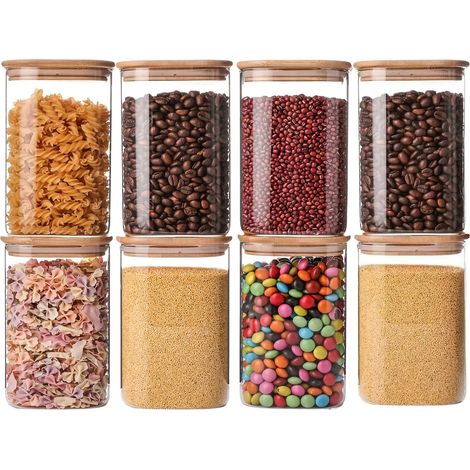 (550 ml - 8 bouteilles) Bocaux de rangement en verre avec couvercles en bambou, adaptés pour conserver les grains de café, les bonbons et les flocons d'avoine. (1/5)