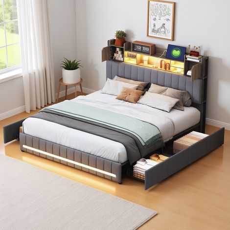 Polsterbett 140x200 cm, Doppelbett mit LED und USB-Ladestation, Modernes Jugendbett mit Stauraum, Bettgestell mit Kopfteil und Lattenrost, Leinen Grau, Ohne Matratze