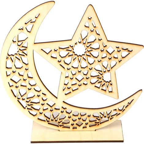 Letrero de madera islámico de Eid Mubarak Ramadan con luna y estrella – Decoración de mesa y escritorio para hacer tú mismo (1/5)