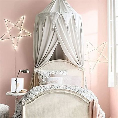 Baldaquin rose pour bébé fille - AMOUNE - Lit à baldaquin - Hauteur 240 cm - Mousseline - Blanc, gris, rose (1/4)