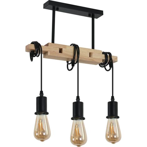 Suspension Industrielle Bois Métal Noir E27 Salon Cuisine (1/5)