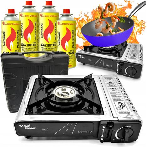 FORNELLO DA CAMPEGGIO A GAS, 4 cartucce, ACCIAIO INOX, CERTIFICATO MaxiCamp