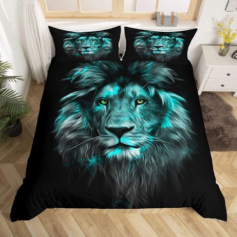 Parure de Lit Lion Bleu 220x240cm Safari 3D Motif Animaux Sauvage Parure Housse de Couette Décoratif Faune Style Décor Parure de Lit Crack Design Brique 3 pièces (1/5)