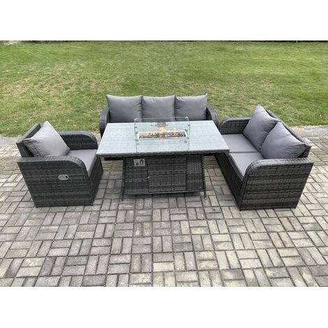 Fimous Polyrattan Gartenmöbel Set mit Gasfeuerstelle Esstisch 6-Sitzer Garten Sofa im Freien Set Dunkelgrau Gemischt (1/5)