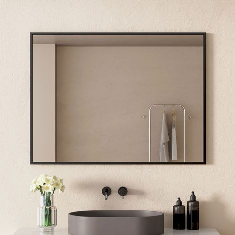 Spiegel Schwarz Badezimmerspiegel 50x70cm Schwarz Rechteckiger Metallrahmen Badspiegel Morden Dekorative Wandspiegel für Waschraum, Waschräume, Schlafzimmer, ohne LED
