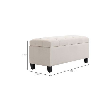 Banc coffre rembourré crème en polyester effet lin et bois d'hévéa avec rangement et assise confortable pour entrée (1/5)