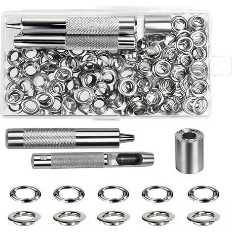 8mm Kit de Grommets Eyelets Outils 100PCS Œillets et 100PCS Rondelle Metal Ensembles Oeillet Grommet Kit avec Outil Socle Poinçon pour Bâches Tentes Cuir (1/5)