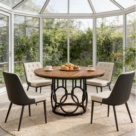 Table a manger ronde 120x120x75 cm noire et noyer en MDF et metal pour 4 a 6 personnes (1/5)