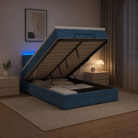 vidaXL Lit coffre avec matelas et LED Bleu foncé 120 x 190 cm Velours (1/5)