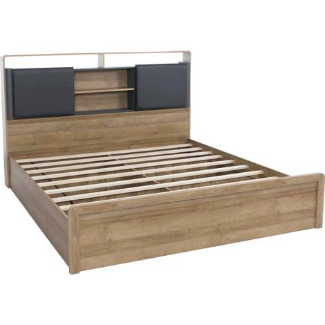 [NON UTILIZZATO] Letto queen size HHG-825, struttura letto matrimoniale con rete a doghe, MDF 160x200 cm, effetto rovere Rivera, grigio