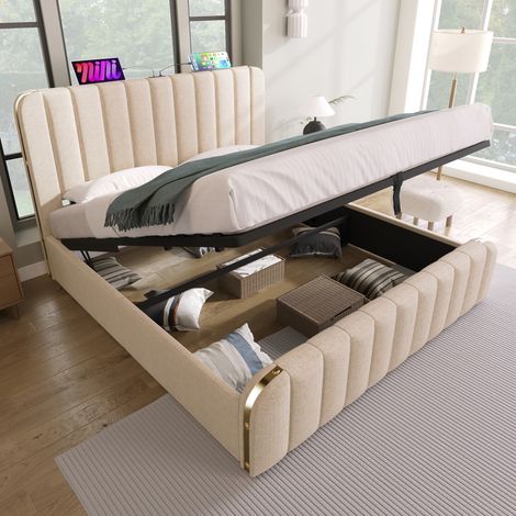 FLORAGRACE Lit adulte rembourré 140 x 190 cm, beige en tissu avec bandes, USB Type-C, 4 tiroirs (1/5)