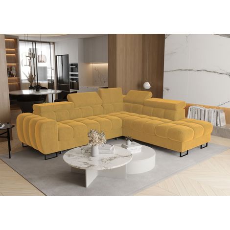 Ecksofa Schlafsofa BASTIEN MAX in Stoff Terra Honiggelb Ottomane Rechts