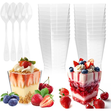 Tasses à Dessert, 50Pcs 160ml/5oz Verrines Plastique avec 50 Cuillères,Tasses et Cuillères à Dessert en Plastique Transparent Réutilisables pour Mousse,Tiramisu,Crème Glacée,etc (1/5)