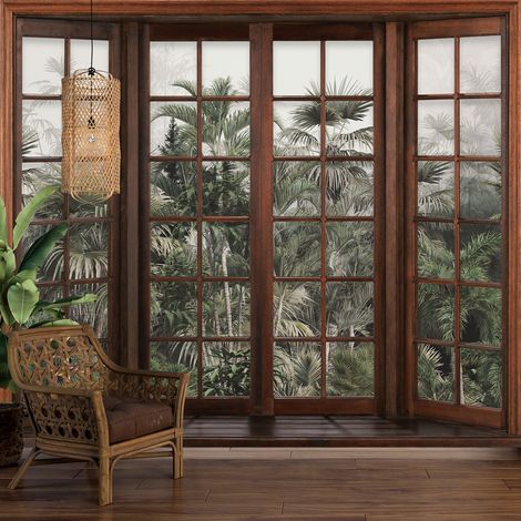 Papier peint panoramique Trompe l'oeil Fenêtre en bois - Forêt Tropicale - 130 cm x 104 cm (1/5)