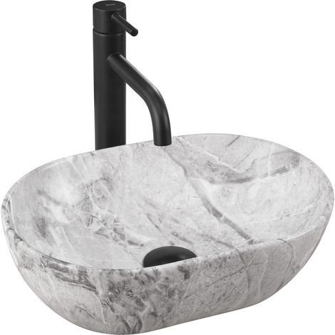 REA – Vasque à poser en céramique sanitaire imitation pierre – Longueur 380mm – Largeur 260mm – Hauteur 120mm – Montage à poser (1/5)