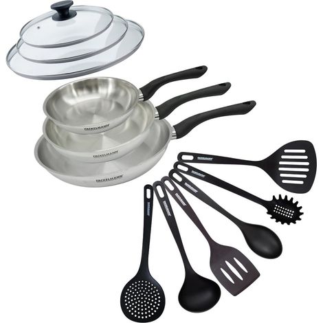 Set 3 poêles 20 24 et 28 cm en inox, couvercles verre et 6 ustensiles Fackelmann Geneva (1/5)