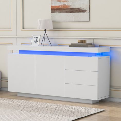 MODFU - Buffet de rangement LED, meuble bas 2 portes 3 tiroirs, finition haute brillance, panneaux de particules, 140×35×72,5 cm, blanc (1/5)