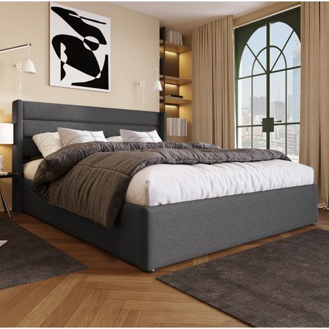 Lit coffre moderne 140x200 cm en tissu aspect lin gris avec tête de lit rembourrée et sommier relevable (1/5)