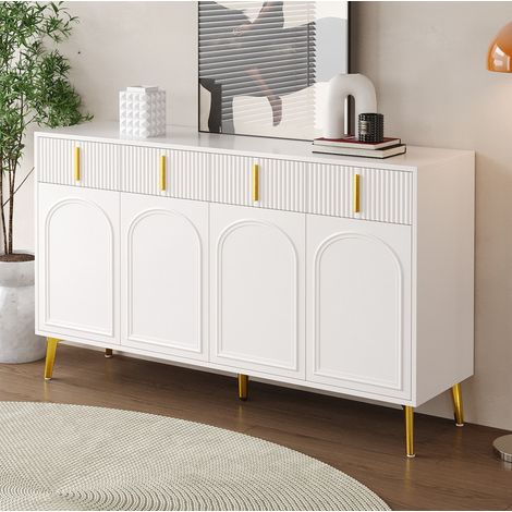 Credenza 140x38x82 cm bianca in MDF con 4 ante, 4 cassetti e ripiani regolabili