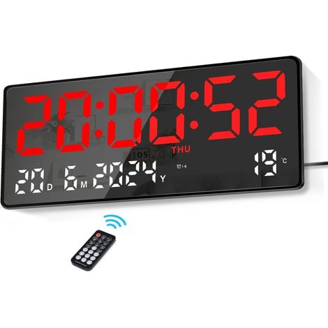 Bardusch - Horloge murale numérique LED 15,5" rouge, télécommande, température, date, alarmes, luminosité réglable, pour salon/chambre/bureau (1/5)