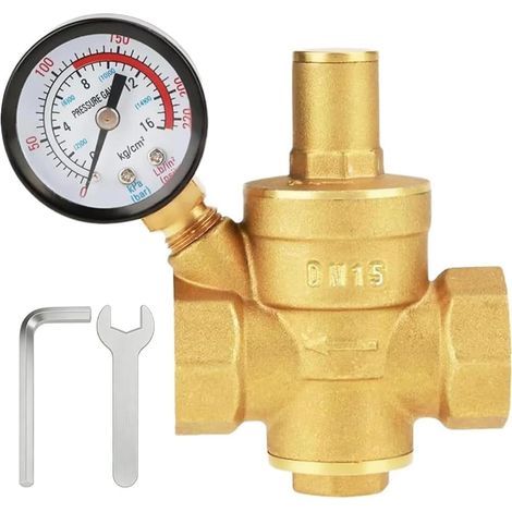 DN15 1/2 Inch Water Pressure Reducer, Adjustable Brass Water Pressure Reduction with Pressure Gauge, Water Pressure Reducing Valve, Water Pressure Regulator (1/5)
