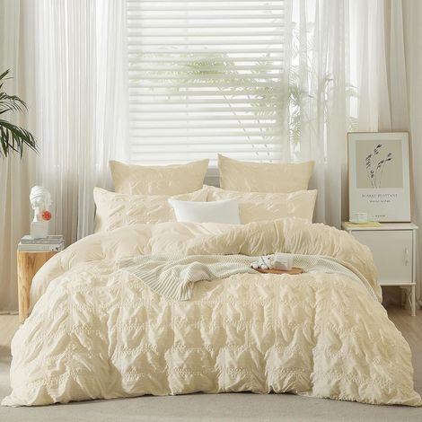 Seersucker Housse de Couette 220x240 Beige Grand À Carreaux Été (1/5)