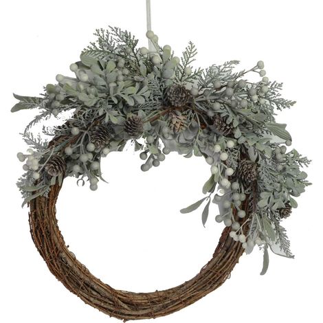Chapelet enneigé avec pommes de pin marron cm51x46h12